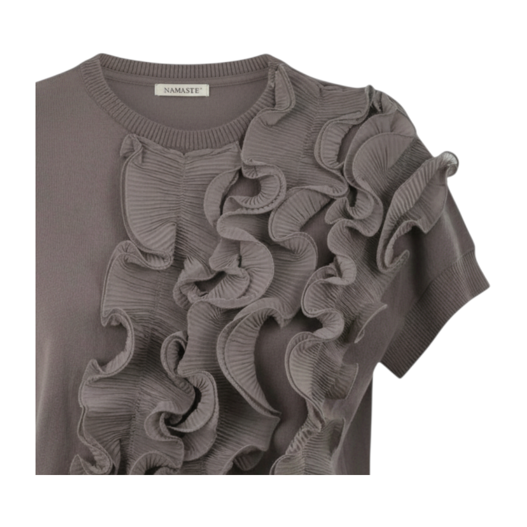 Maglia smanicata grigia Peg Fashion Store con dettagli a balze in organza sul davanti e scollo rotondo