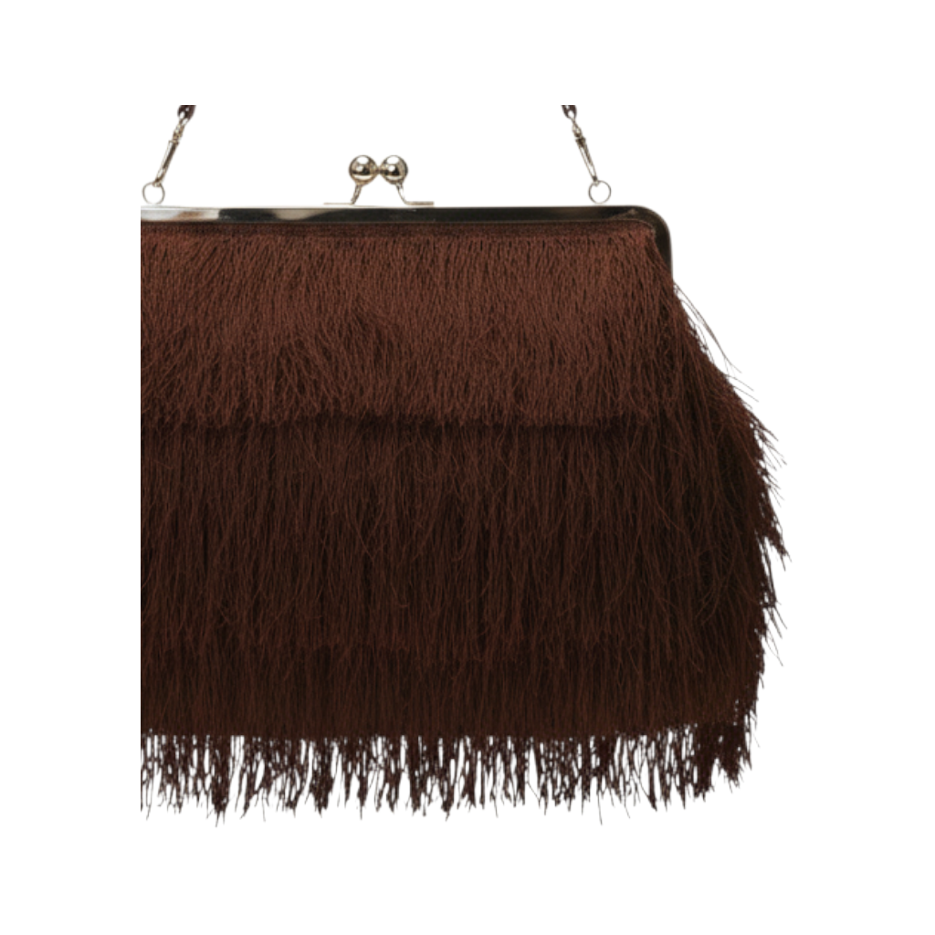 Borsa pochette marrone con frange lunghe e chiusura a scatto metallica, collezione Peg Fashion Store