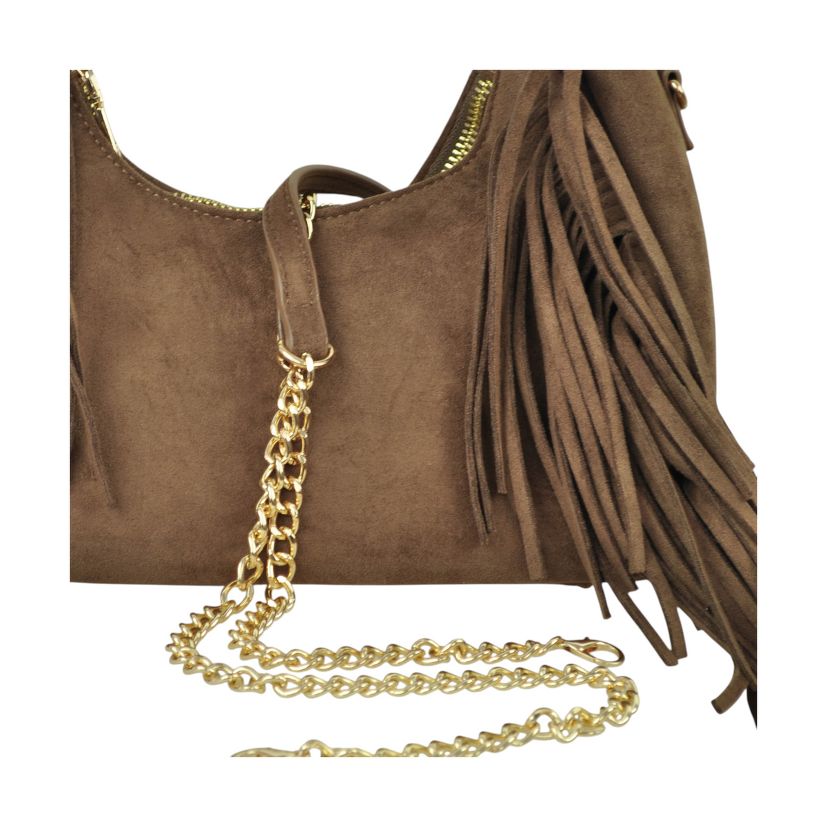 Borsa Pasticcino Peg Fashion Store in camoscio marrone con frange lunghe e tracolla a catena dorata
