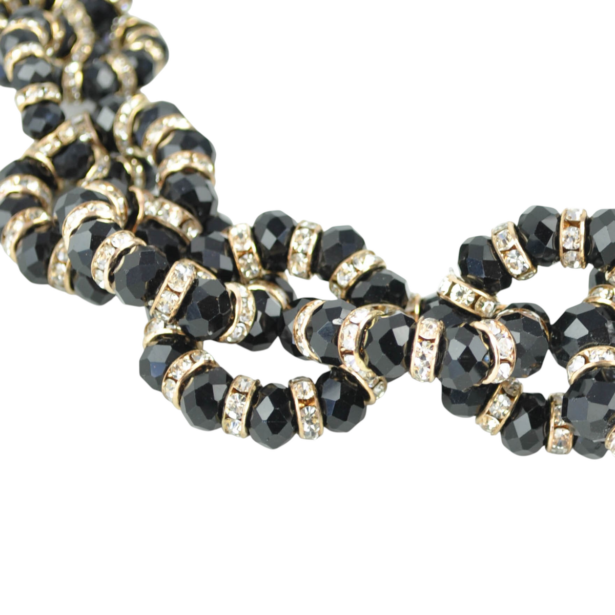 Collanina breve da festa Peg Fashion Store con perline nere sfaccettate e distanziatori dorati con strass luminosi