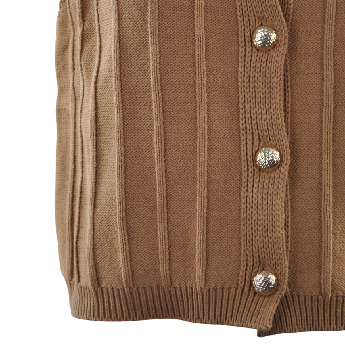 Gilet Peg Fashion Store color cammello a coste con bottoni gioiello dorati e scollo rotondo