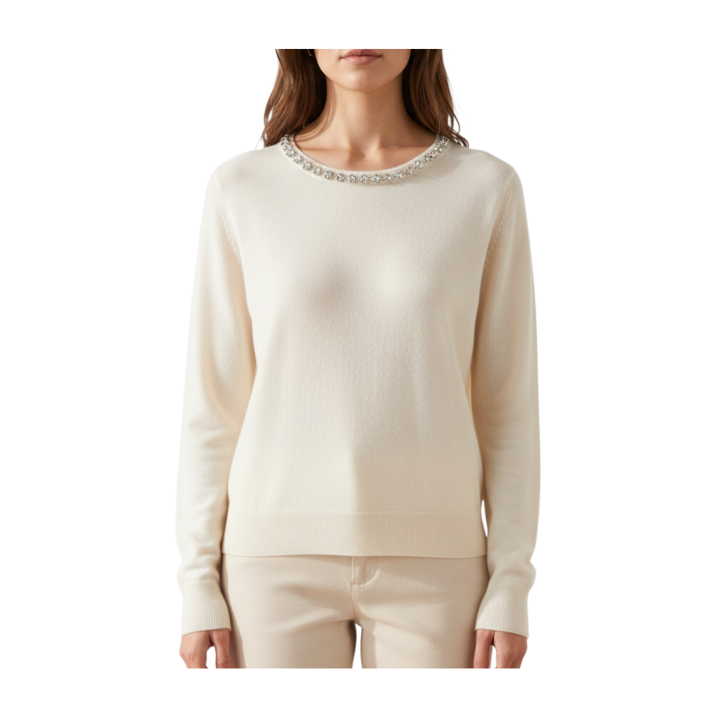 Maglia crop color crema Peg Fashion Store con girocollo impreziosito da strass e maniche lunghe con polsini