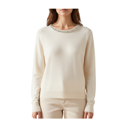 Maglia crop color crema Peg Fashion Store con girocollo impreziosito da strass e maniche lunghe con polsini