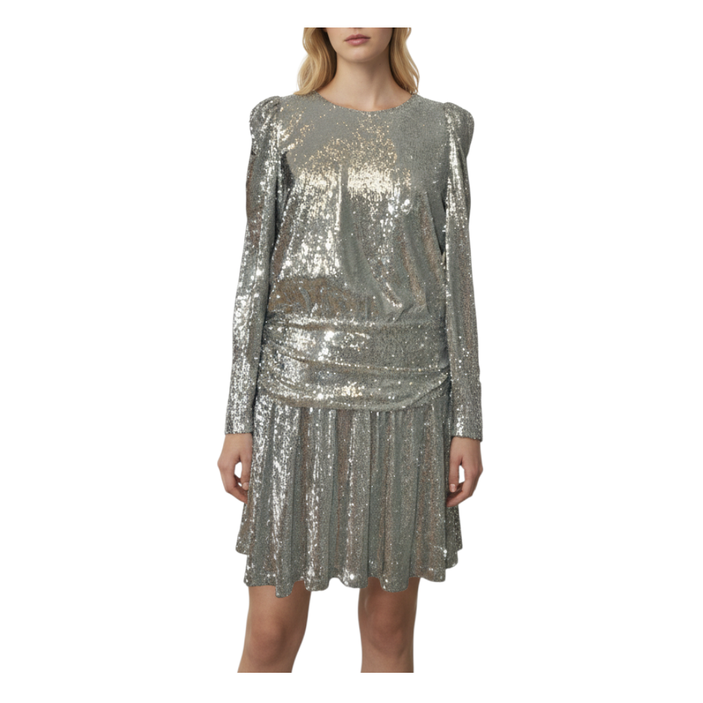 Mini abito Aniye By Kika color argento con paillettes, maniche lunghe e gonna a balze da Peg Fashion Store