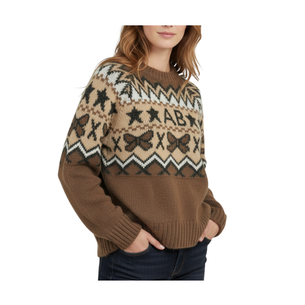 Pullover Mira di Peg Fashion Store in maglia marrone con fantasia jacquard, stelle e iniziali Aniye By ricamate