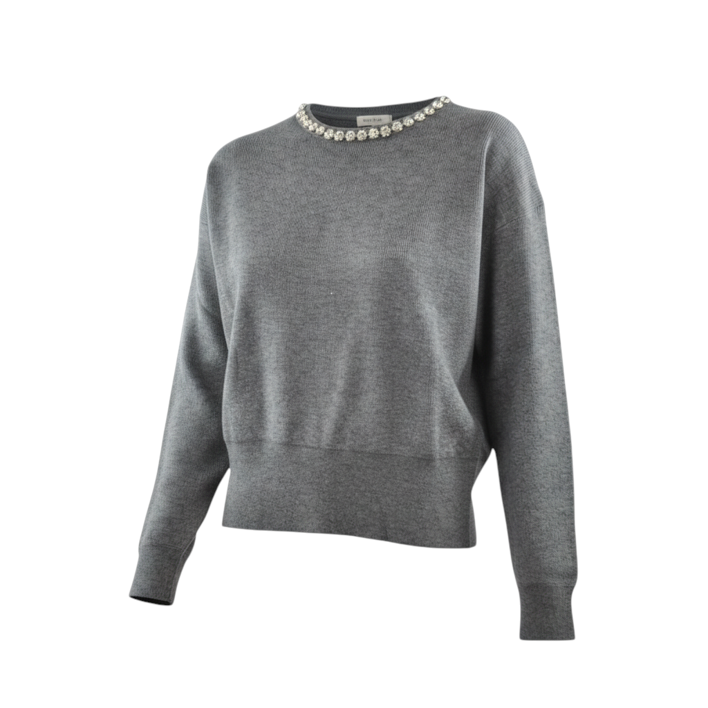Maglia crop grigia Peg Fashion Store con girocollo decorato da strass e polsini, design elegante e moderno