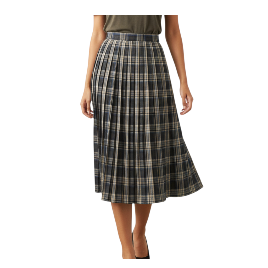 Gonna midi Peg Fashion Store a pieghe con motivo tartan nei toni del grigio e blu, taglio classico ed elegante