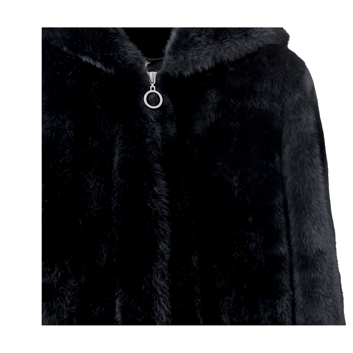 Giacca Peg Fashion Store in ecovisone nero con cappuccio e chiusura a zip circolare