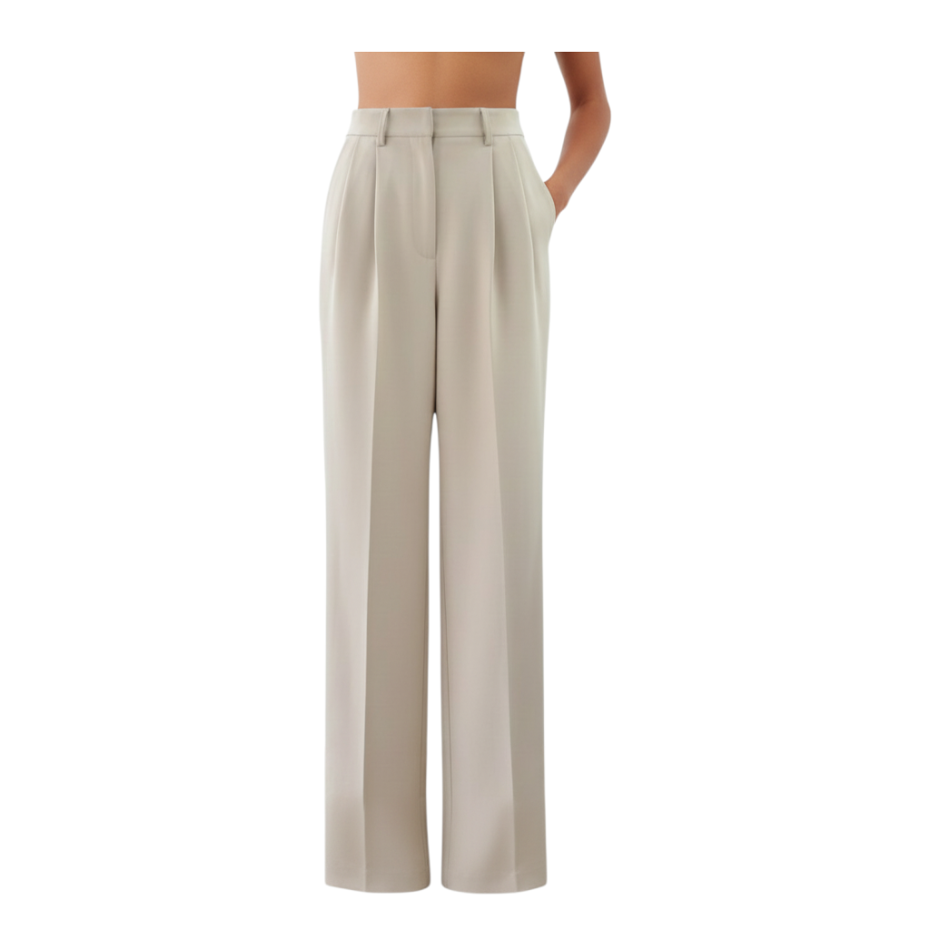 Pantalone Peg Fashion Store a vita alta color beige con pieghe frontali e gamba dritta dal taglio sartoriale