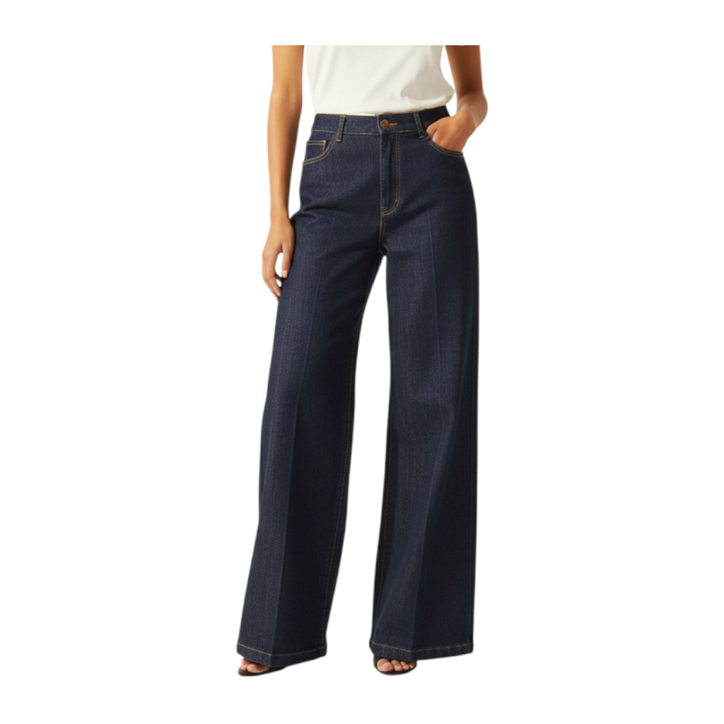 Jeans palazzo Peg Fashion Store a gamba larga in denim blu scuro con cuciture a contrasto e vita alta