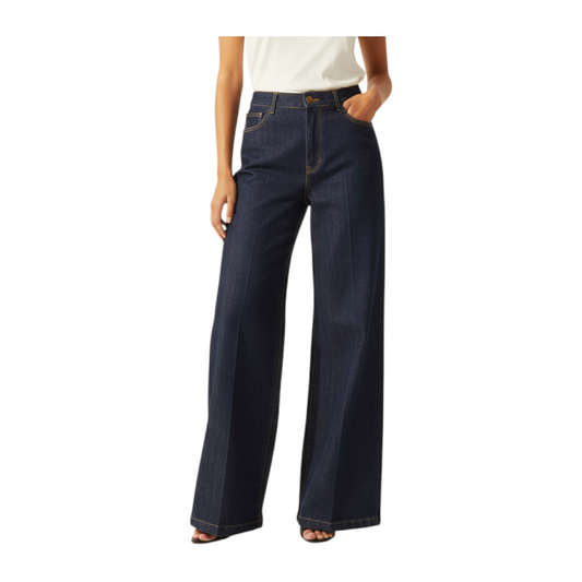 Jeans palazzo Peg Fashion Store a gamba larga in denim blu scuro con cuciture a contrasto e vita alta
