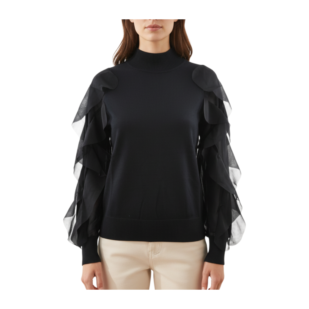 Maglia nera Peg Fashion Store con collo alto e maniche lunghe arricchite da volant in organza trasparente