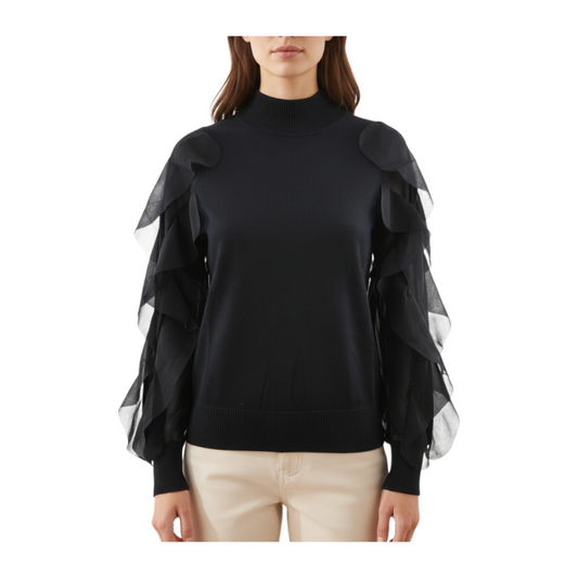 Maglia nera Peg Fashion Store con collo alto e maniche lunghe arricchite da volant in organza trasparente