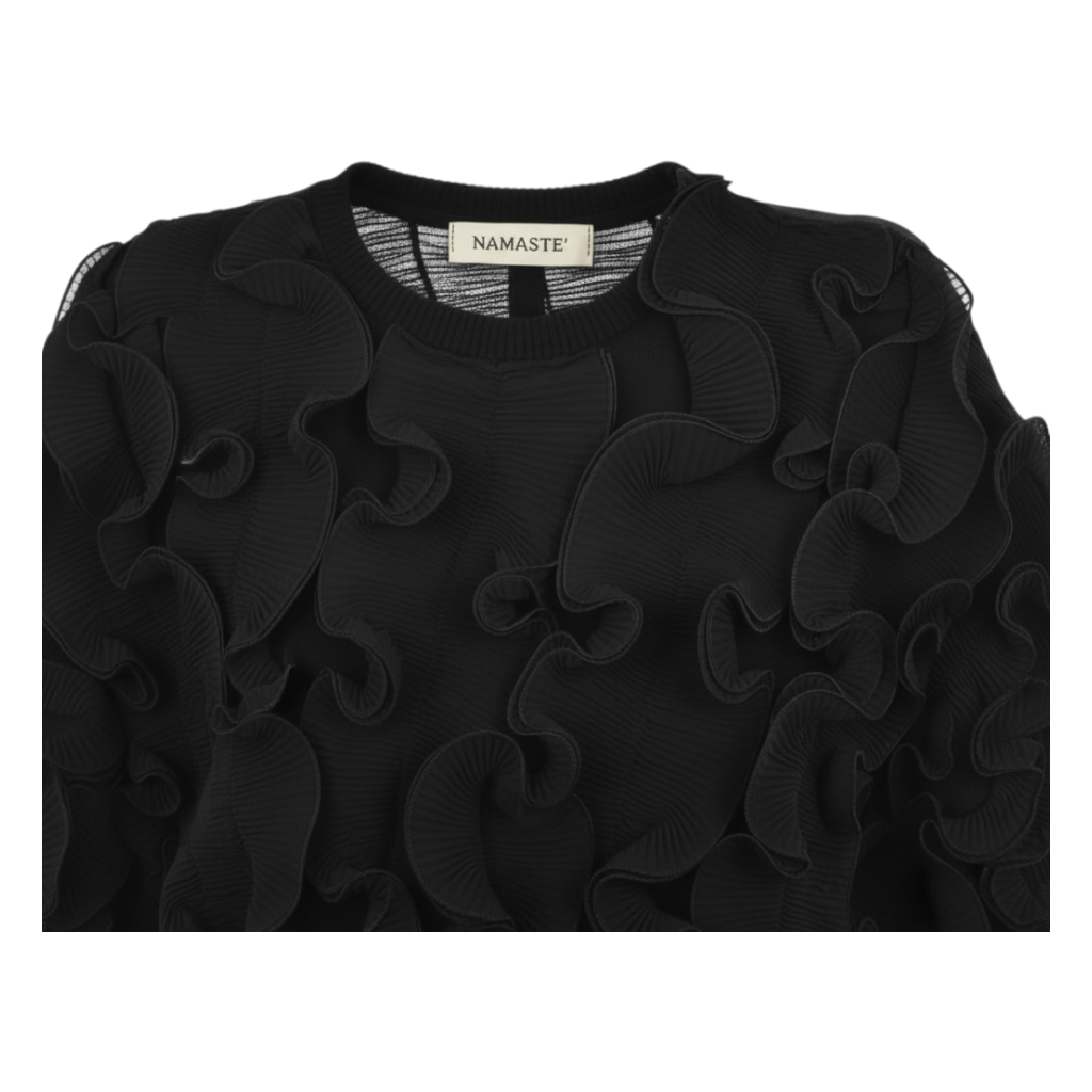Maglia smanicata nera Peg Fashion Store con dettagli a balze in organza e scollo rotondo