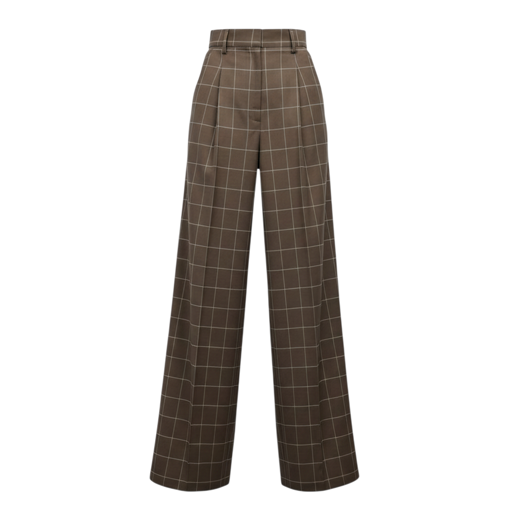 Pantalone largo a vita alta Peg Fashion Store in tessuto marrone con motivo a quadri bianchi e pinces frontali
