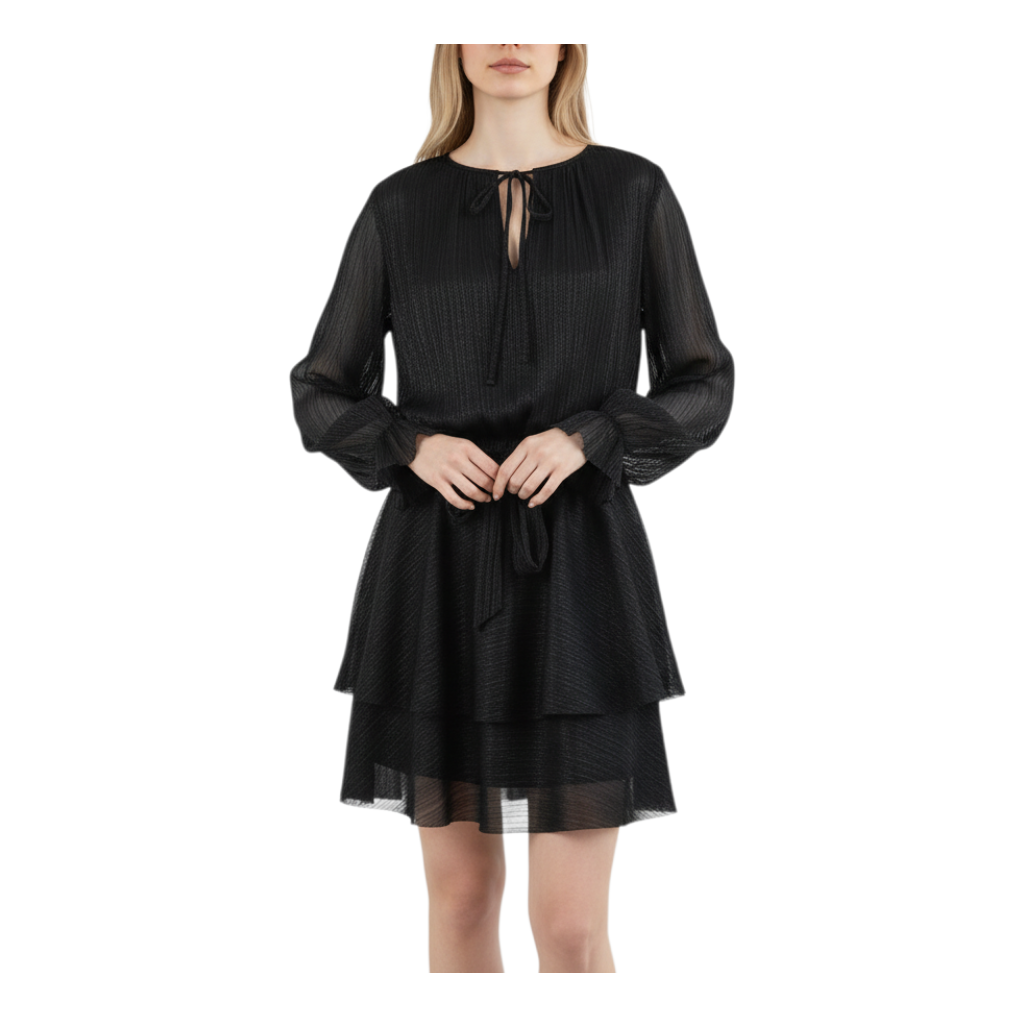 Abito corto nero in tessuto lamé con maniche lunghe e dettagli a balze, Peg Fashion Store
