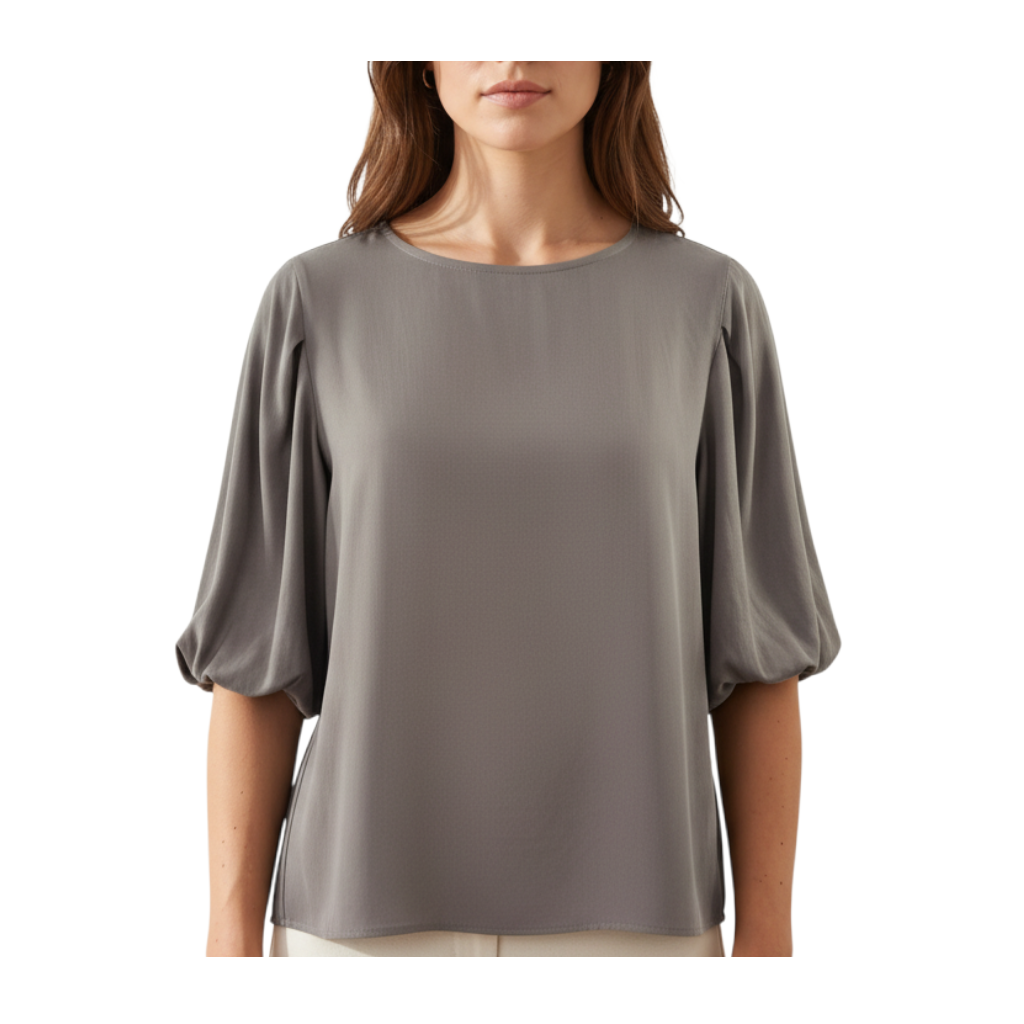 Blusa elegante grigia a maniche corte con chiusura posteriore a bottone, collezione Peg Fashion Store