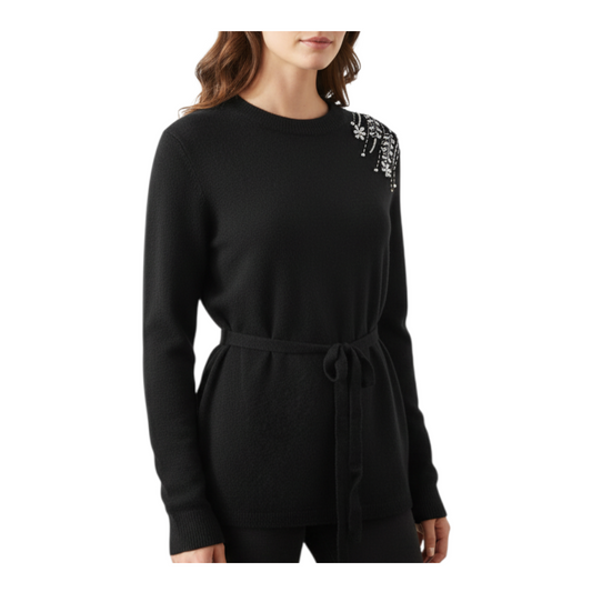Maglia girocollo nera Peg Fashion Store con cintura in vita e dettagli gioiello ricamati sulla spalla