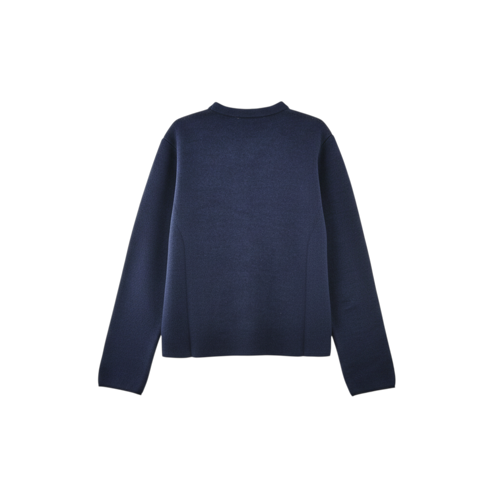Giacca in maglia Napoleone blu navy di Peg Fashion Store, vista posteriore con taglio pulito e girocollo