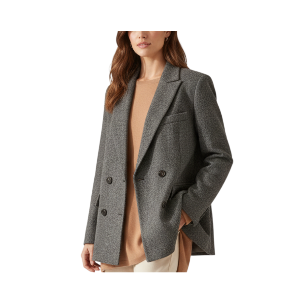 Blazer doppio petto grigio Eiki di Peg Fashion Store con quattro bottoni, taglio corto e stile classico elegante.