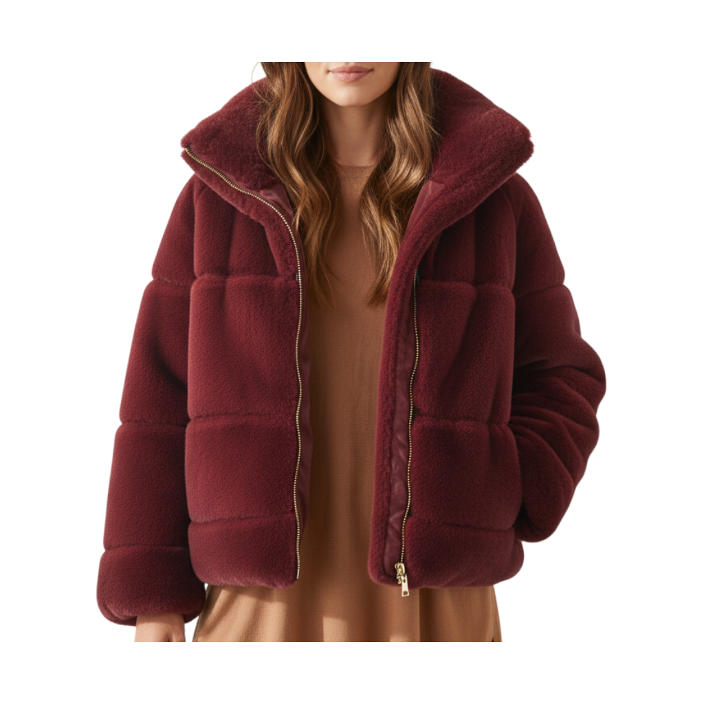 Giacca Peg Fashion Store in ecovisione color bordeaux con zip frontale e colletto ampio