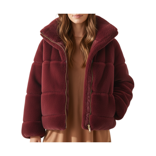 Giacca Peg Fashion Store in ecovisione color bordeaux con zip frontale e colletto ampio