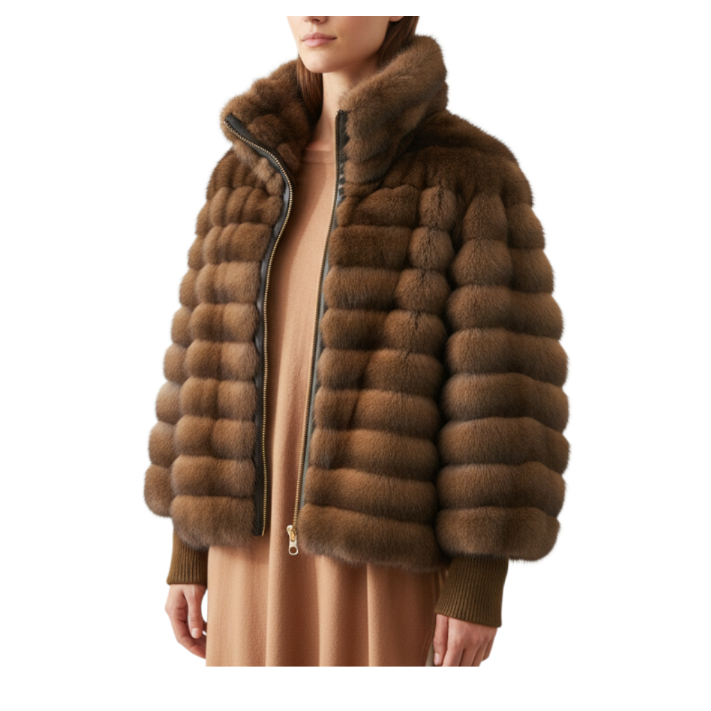 Giacca in ecopelliccia marrone Peg Fashion Store con texture laser, collo alto e chiusura a zip, stile moderno.