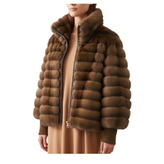 Giacca in ecopelliccia marrone Peg Fashion Store con texture laser, collo alto e chiusura a zip, stile moderno.
