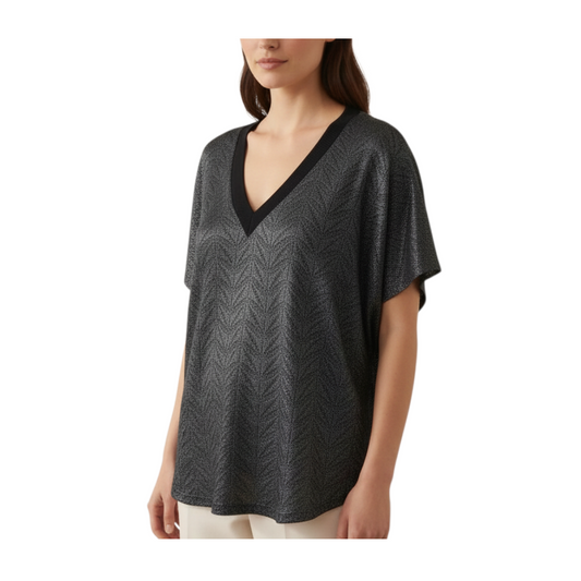 Maglia Peg Fashion Store a maniche corte con motivo geometrico a lisca di pesce scintillante e scollo a V nero