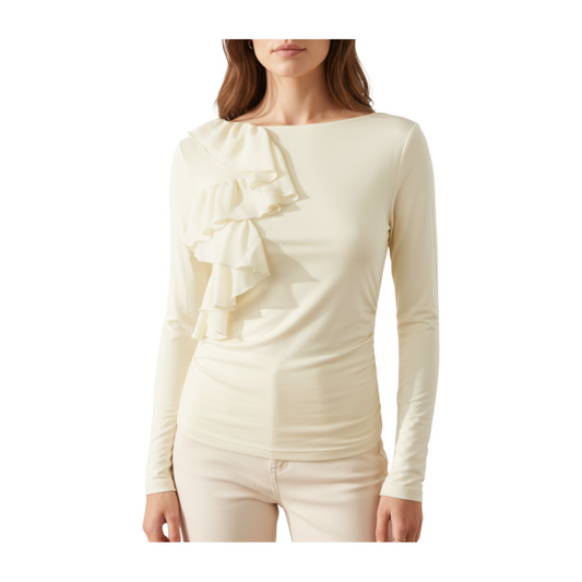 Maglia manica lunga color crema Peg Fashion Store con dettaglio jabot arricciato sulla spalla