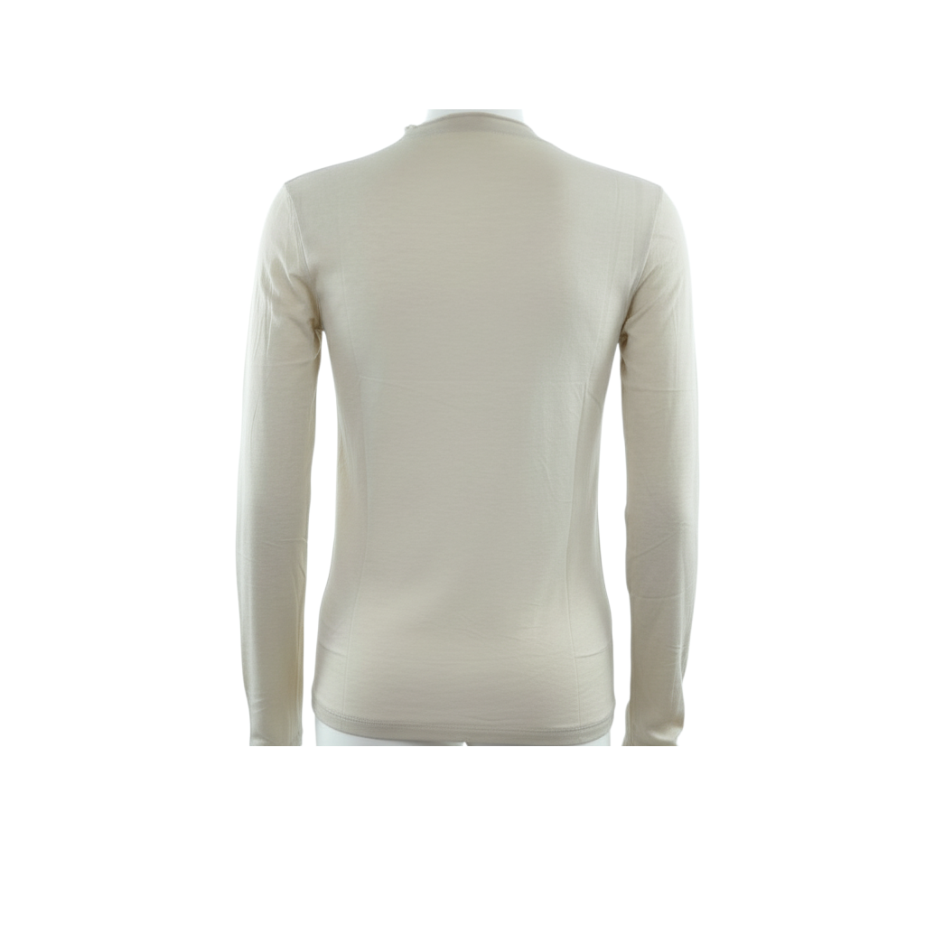 Vista posteriore di una maglia a maniche lunghe in cachemire color beige di Peg Fashion Store con scollo cratere
