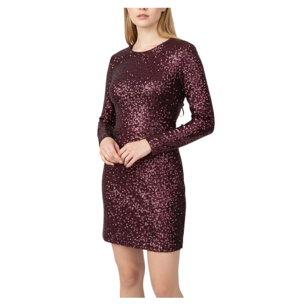 Vestito corto Aniye By color bordeaux con paillettes brillanti, maniche lunghe e schiena scoperta, Peg Fashion Store