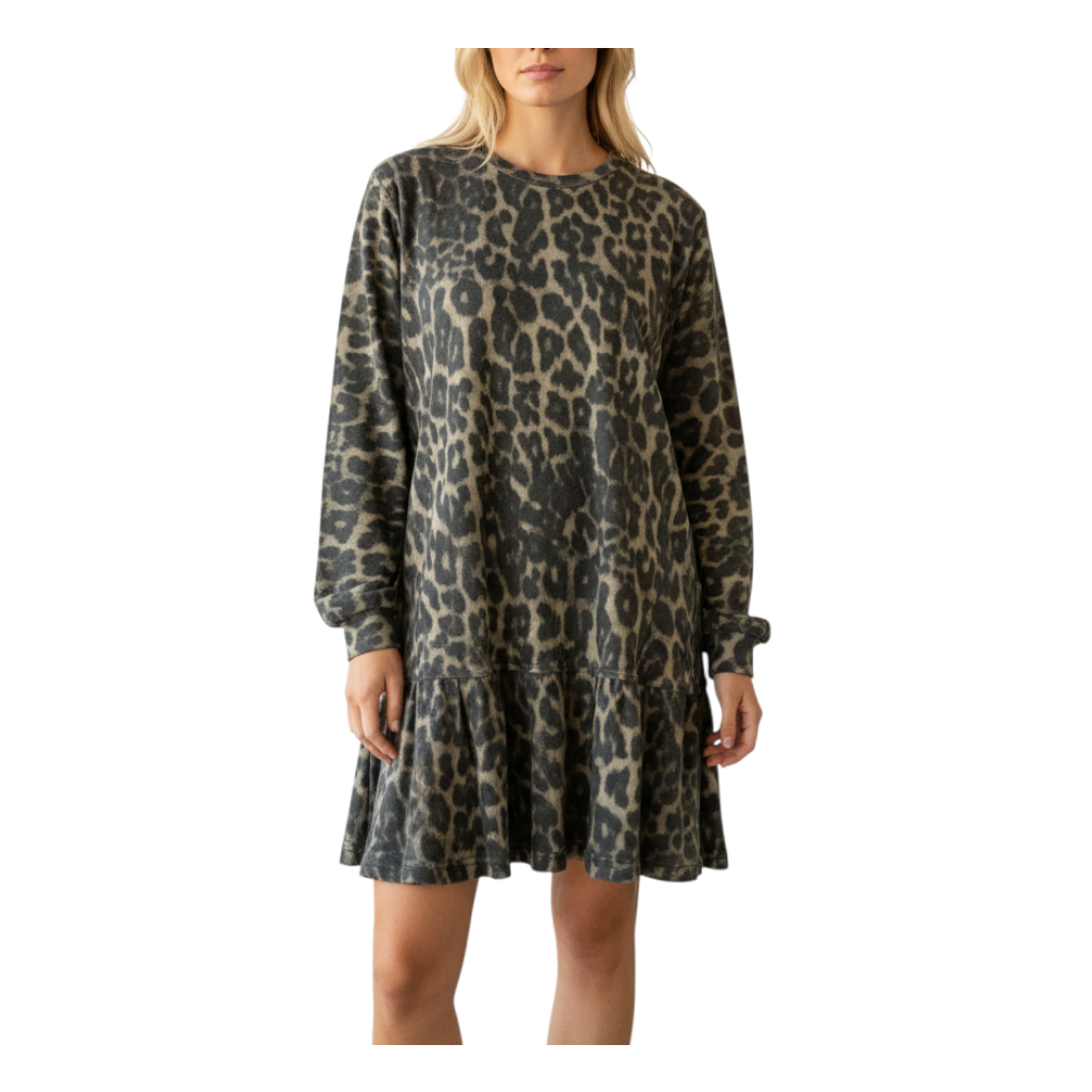 Modella indossa un vestito corto maculato Aniye By con maniche lunghe e gonna arricciata, Peg Fashion Store