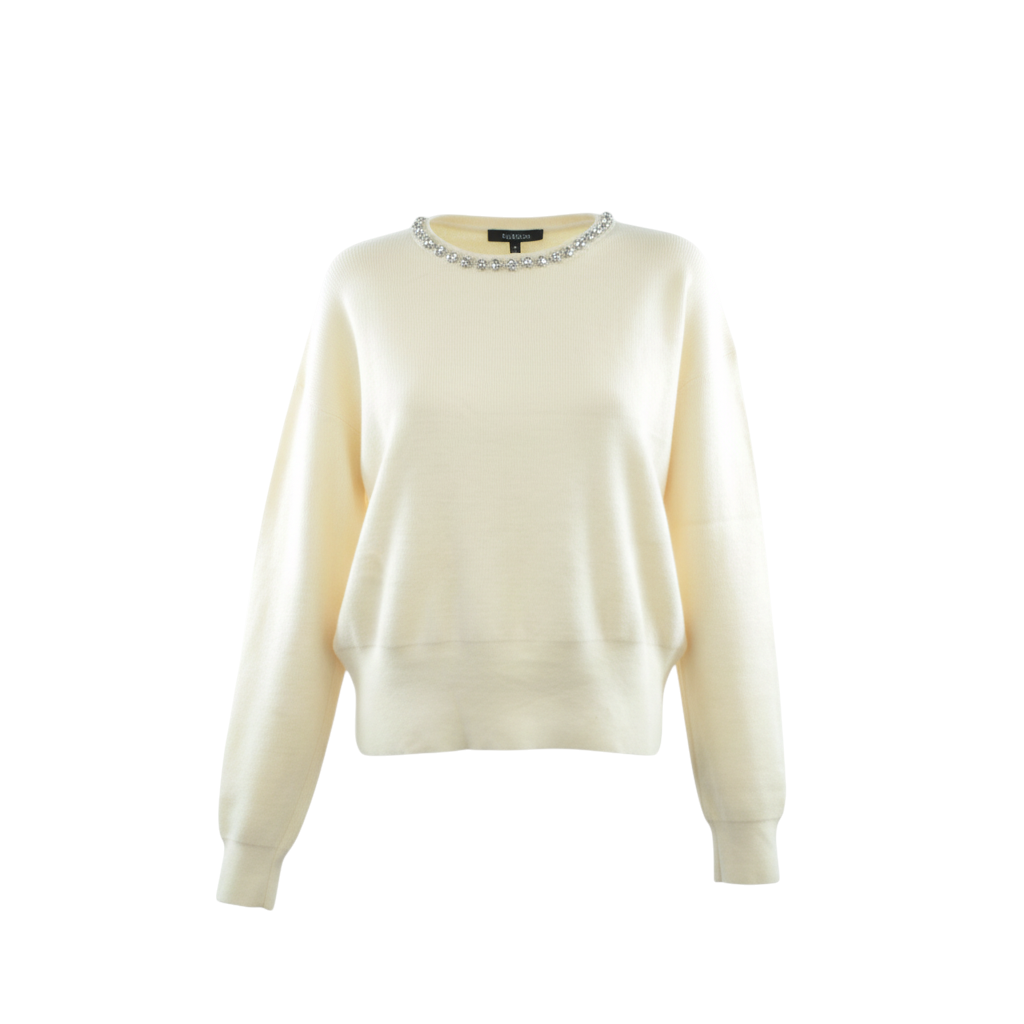 Maglia crop color crema Peg Fashion Store con girocollo impreziosito da strass e maniche lunghe con polsini