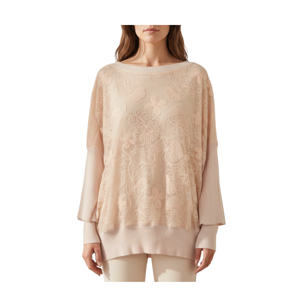 Maglia cappa Peg Fashion Store color cipria con ricami floreali eleganti e maniche lunghe a coste