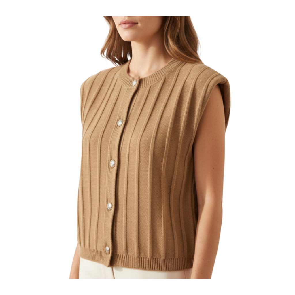 Gilet Peg Fashion Store color cammello a coste con girocollo e bottoni gioiello su modella