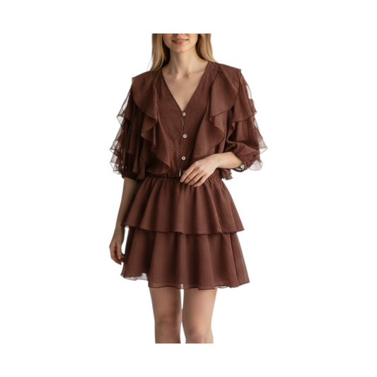 Abito corto marrone in mussola con balze e bottoni frontali, collezione Peg Fashion Store