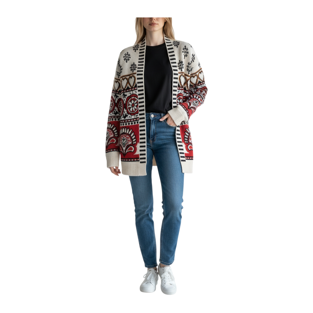 Modella indossa cardigan Peg Fashion Store modello FIN 7 RIO con motivo etnico rosso e nero su fondo crema