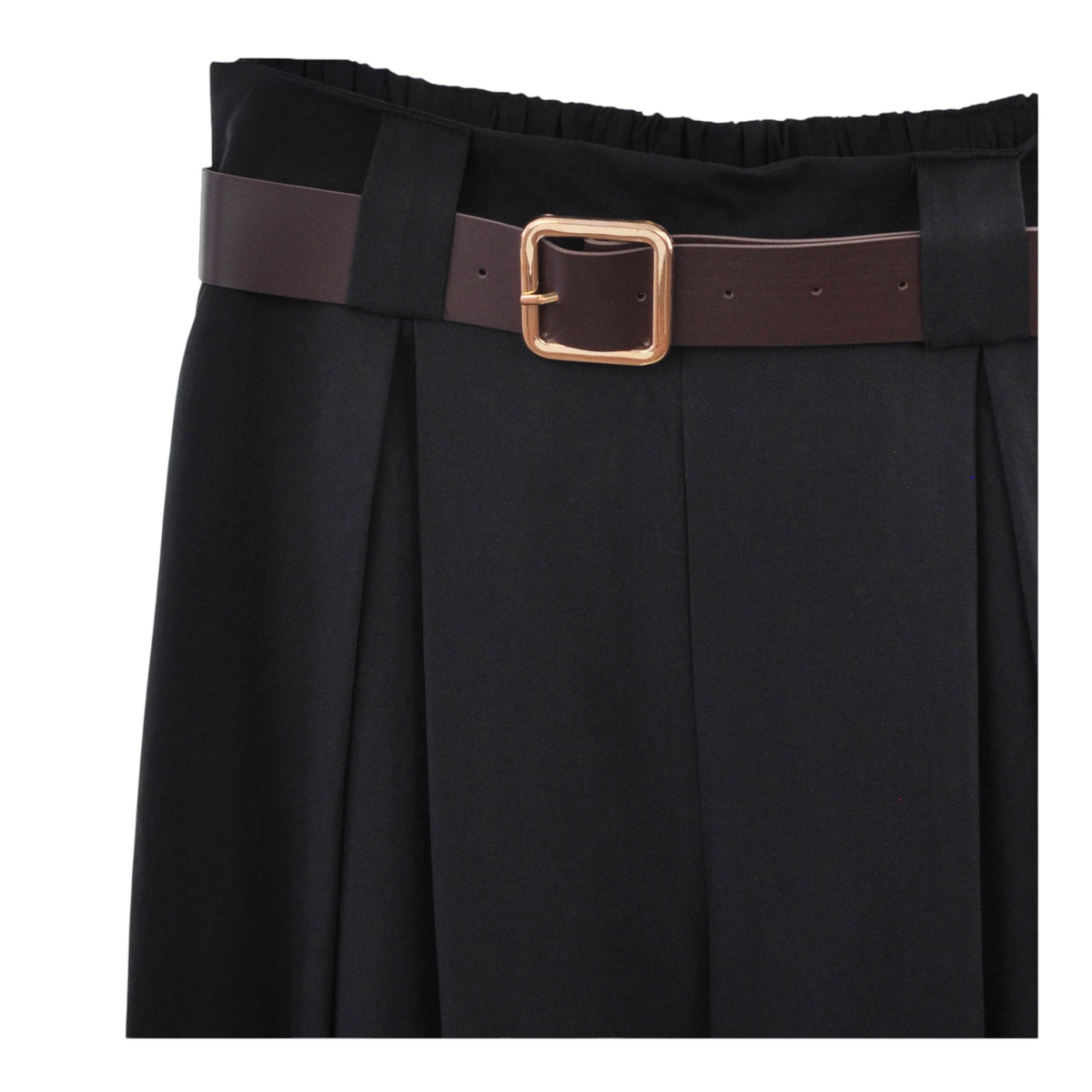 Pantalone midi largo nero Peg Fashion Store con cintura marrone e fibbia dorata, stile casual-chic sartoriale