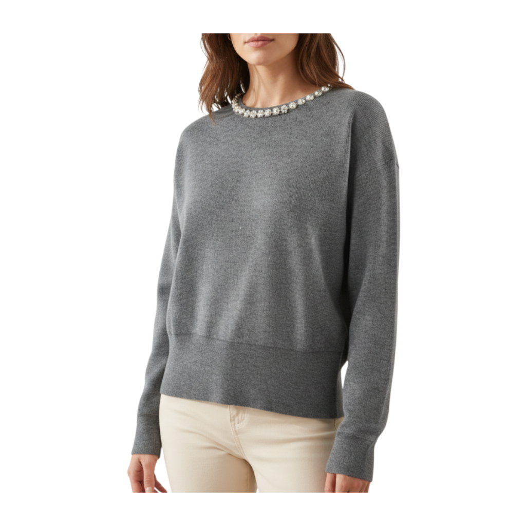 Maglia crop grigia Peg Fashion Store con girocollo decorato da strass e maniche lunghe con polsini