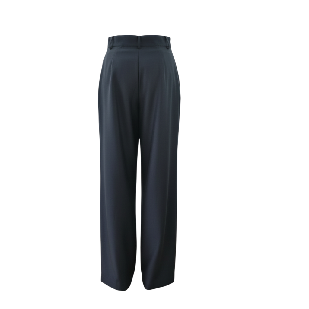 Pantalone nero a gamba larga con pieghe frontali Peg Fashion Store, vista posteriore su fondo bianco