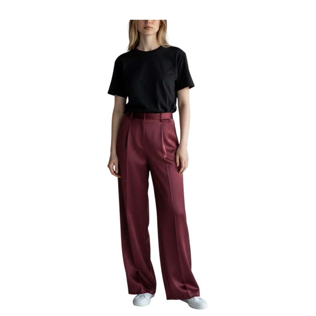 Modella indossa pantaloni palazzo in raso bordeaux Peg Fashion Store con t-shirt nera e scarpe da ginnastica bianche