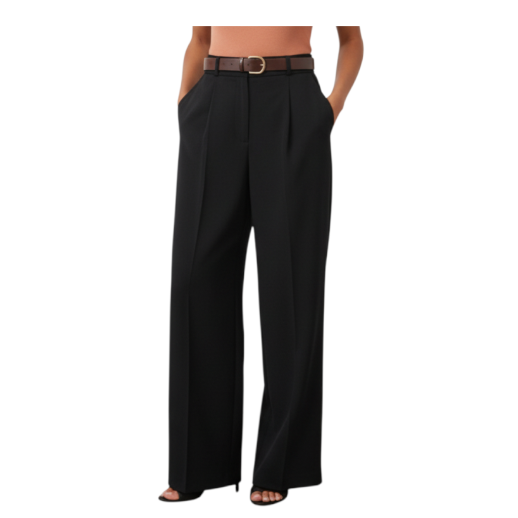 Pantalone palazzo nero Peg Fashion Store con cintura marrone, tessuto fluido ed elegante per un look raffinato