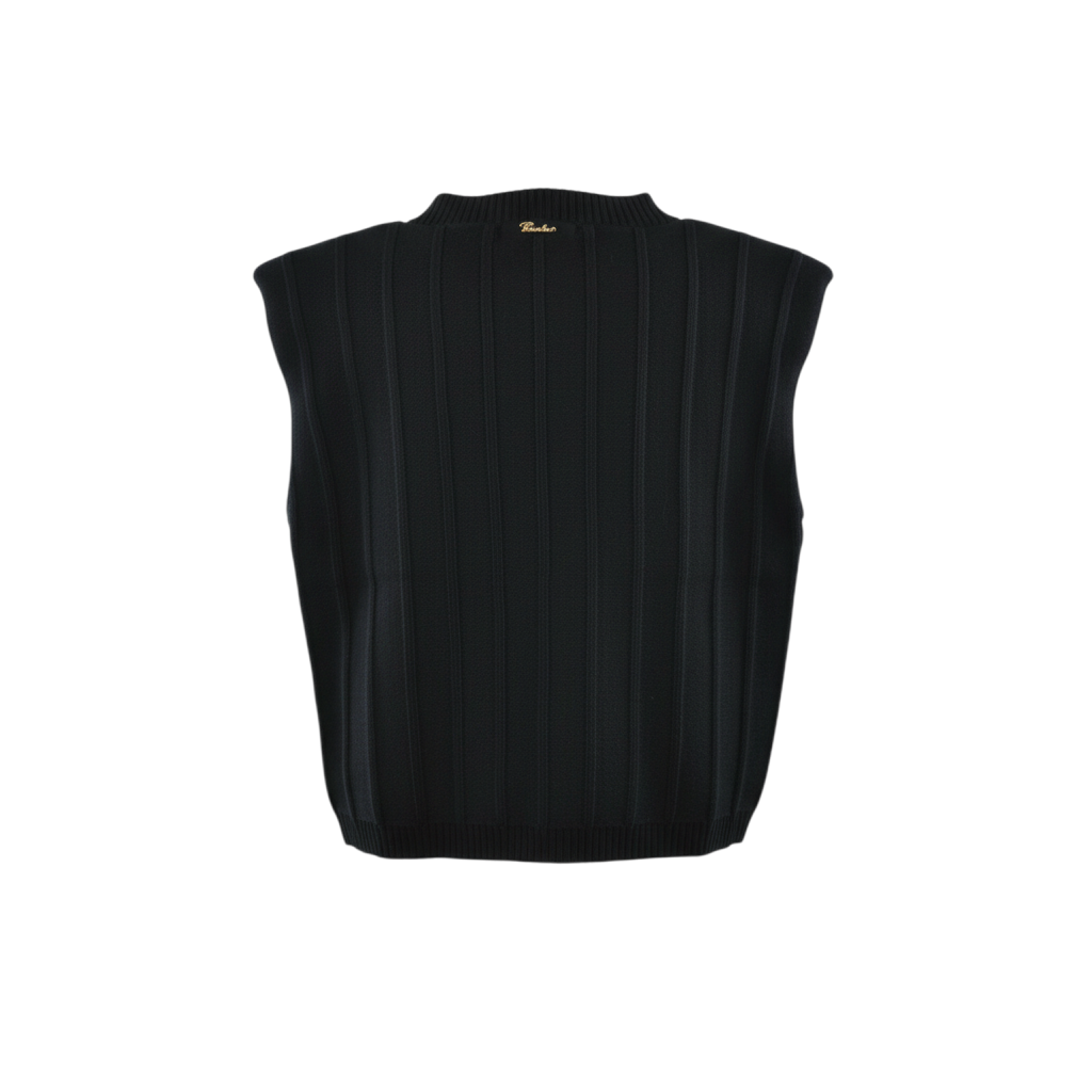 Gilet nero a coste Peg Fashion Store con scollo rotondo e dettaglio logo dorato sul retro