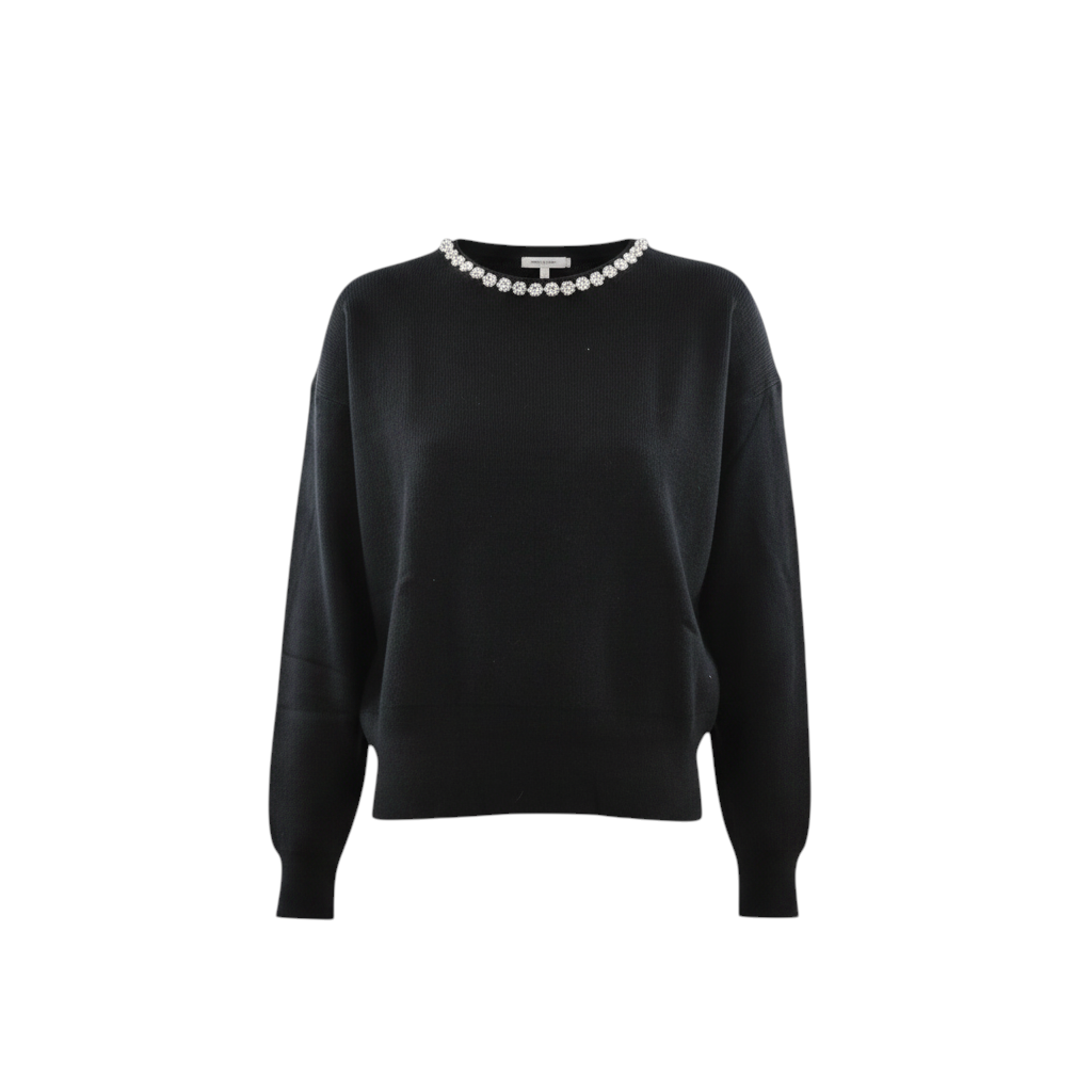 Maglia crop nera Peg Fashion Store con girocollo decorato da strass e polsini, design elegante e moderno