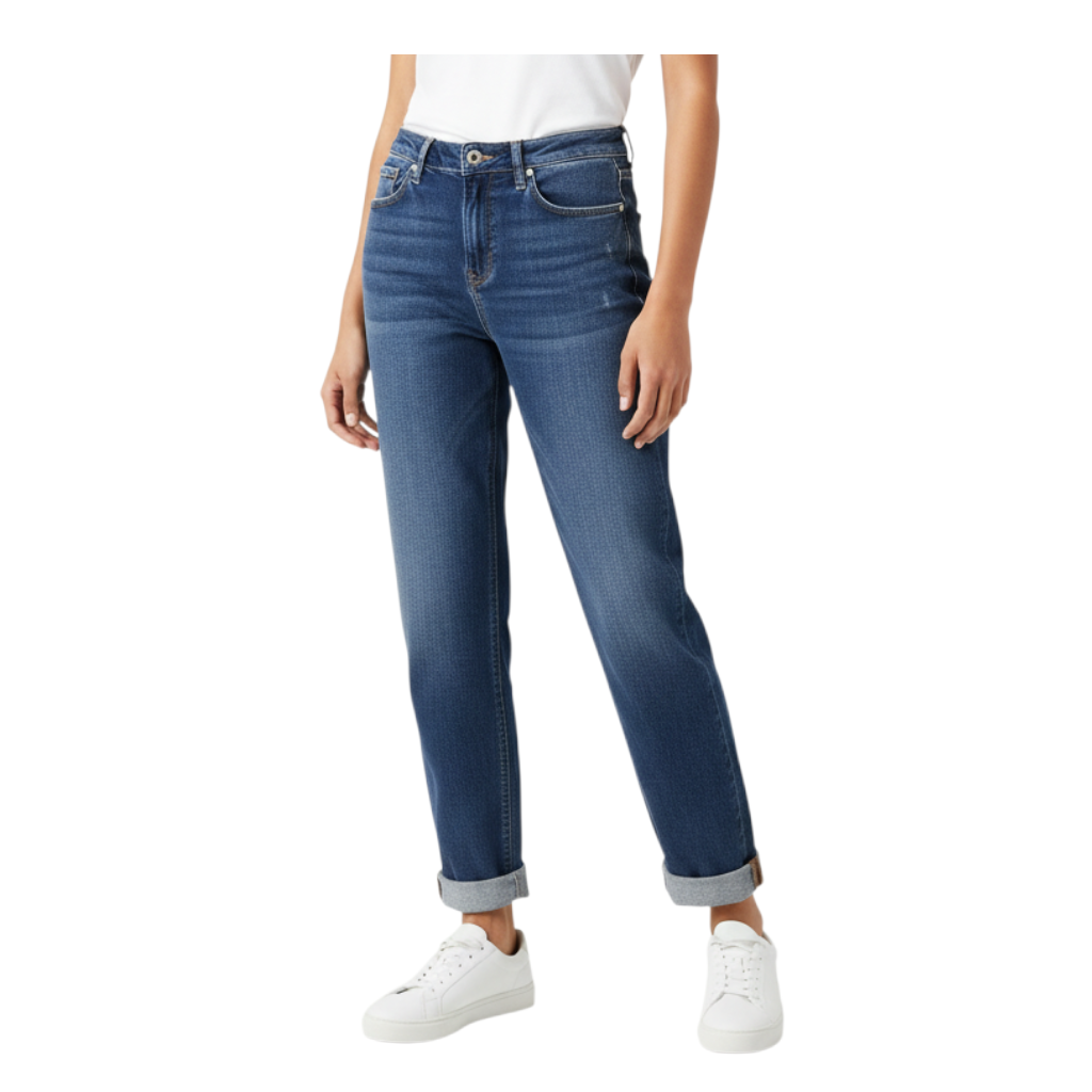 Jeans a vita alta Peg Fashion Store in denim blu con gamba larga e risvolto, stile casual chic