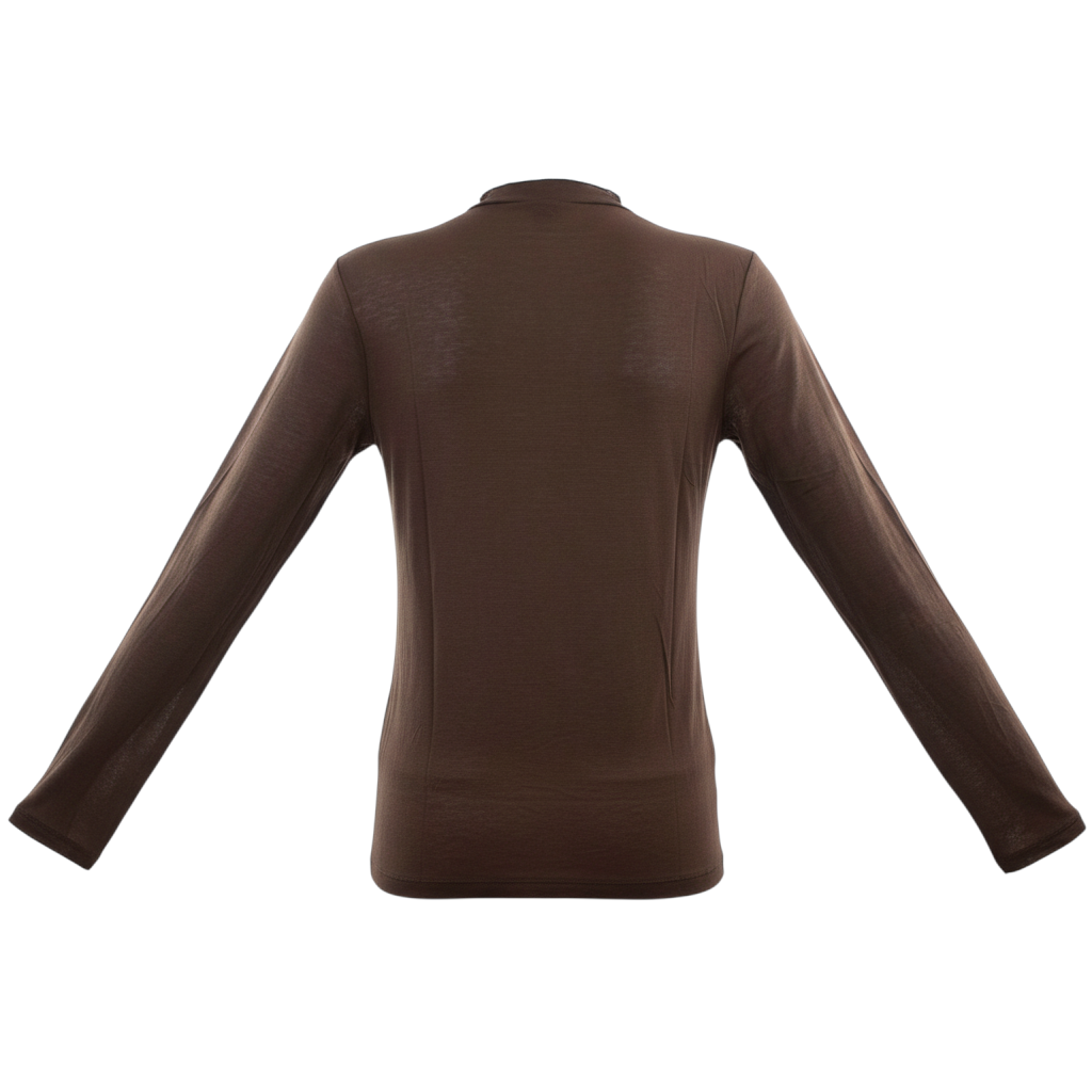 Maglia Peg Fashion Store in cachemire marrone con scollo a cratere, vista posteriore