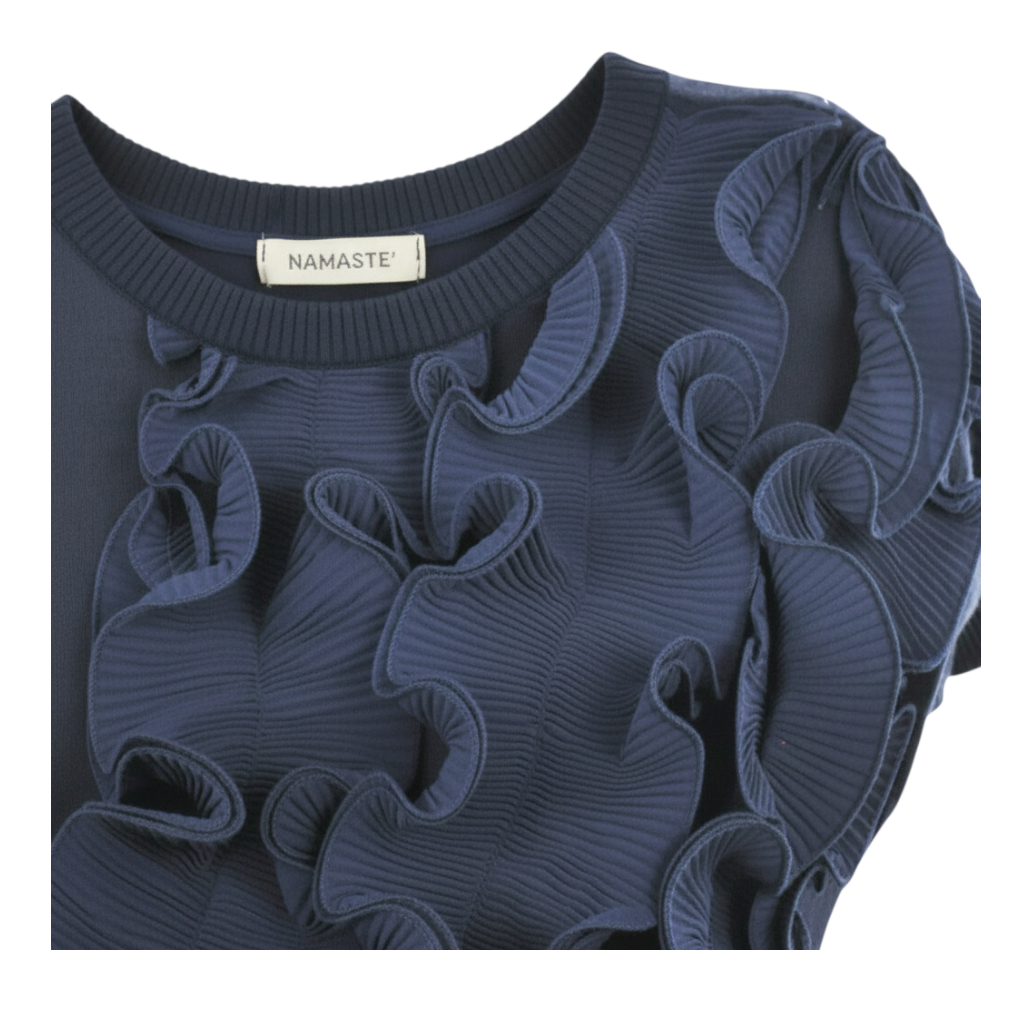 Maglia smanicata blu scuro Peg Fashion Store con dettagli a balze in organza e scollo rotondo a costine