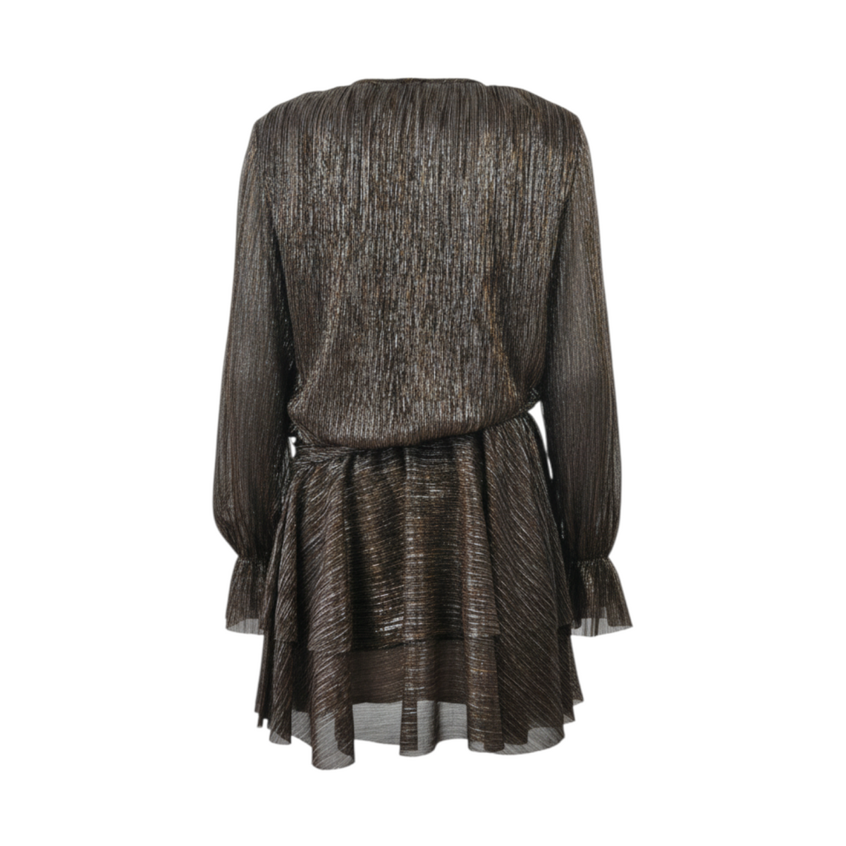 Abito corto lamé Peg Fashion Store color bronzo con maniche lunghe e gonna arricciata, vista posteriore