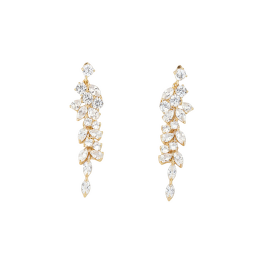 Orecchini lunghi a frange Peg Fashion Store in metallo dorato con cristalli bianchi taglio marquise